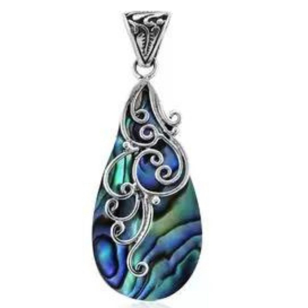 Abalone Shell Pendant in Sterling Silver 5 ctw Blue Green Purple Pendant Scrolls